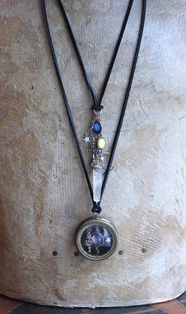 Divine Cosmos Necklace Set with Antique Pocket Watch Case, Sterling Moons and Stars,Sterling Capped Clear Rock Quartz Point