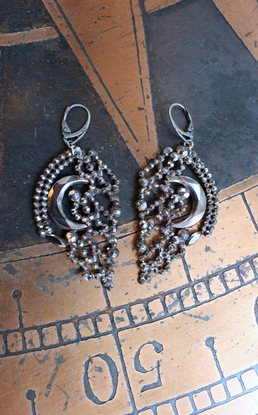 All my Stars Earrings with Rare Antique 19th Century Faceted Cut Steel Crescent Moon & Heart Findings, Sterling Euro Earring Wires