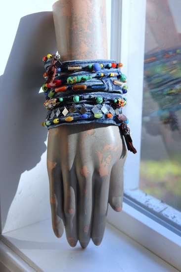 7 Coil Antique Glass Mardi Gras Bead and Silver Findings Bracelet