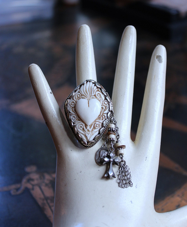 Adjustable Carved Sacred Heart Ring with Tiny Sterling Cross,Antique French Marian Medal and Chain Tassel, Beads & Sterling Rondelles