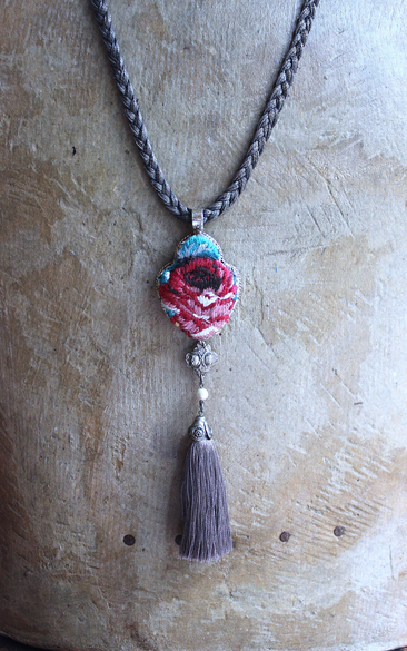 It Felt Love Necklace w/Embroidered Rose Heart Pendant,Antique Sterling Rose Medal,Antique Rose Capped Tassel & Antique Real Metal Braided Trim Chain