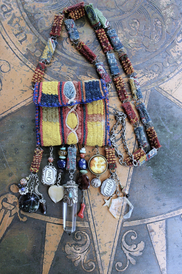 The Soul Necklace w/Antique Lambani Textile Pouch & Chain, Silver Capped Clear Quartz Point,Star,Moon & Multiple Dangles