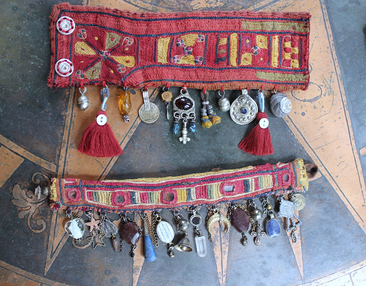 Antique Lambani Textile Cuff Bracelet Set with Faceted Garnets, Polished Garnet, Cabochon Amber, Multiple Dangles & Drops