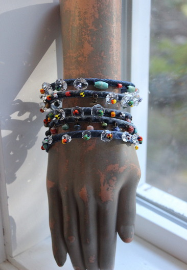 NEW! Unique 5 Coil Wrap Bracelet w/Vintage Denim,Antique Faceted Crystal Beads,Vintage Beads,Tiny Heishi Beads Tassel & Turquoise Beads