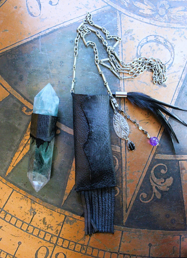 NEW! The Clearing Necklace with Double Terminated Fluorite Wand,Butter Soft Black Leather Pouch,Amethyst Bead and Back Raven Feather