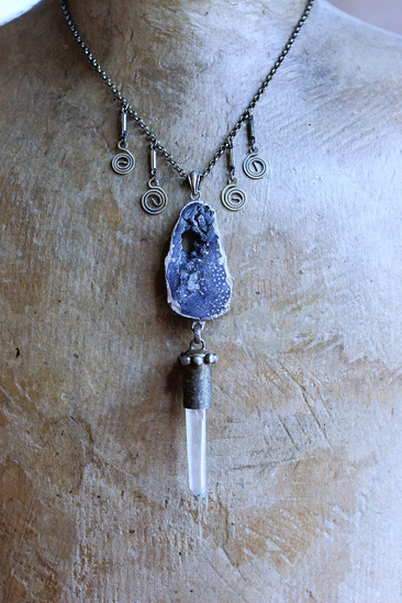 NEW! Cosmic Glory Necklace with Unique Black Druzy Slice & Clear Rock Quartz Point Pendants, Vintage Spiral Dangles, Rolo Link Chain