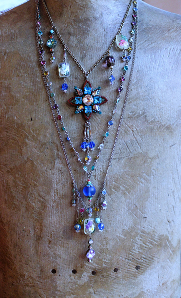 NEW! Peaceful Joy Necklace with 3 Strands of Unique Antique & Vintage Dangles, Antique Multi Color Open Back Paste Chain 