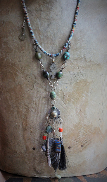 I Speak to You Amulet Necklace with Hand Painted Mussel Shell,Antique Coptic Cross,Antique Sterling Snake Drop,Rainbow Jasper Drop,Antique Gypsy Coin + Much More!