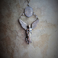 If I Listen Necklace w/Cast Bronze Winged Angel & Scrolled initials AM Medal,Antique Bezel Set Crystal Connectors,Vintage Link Chain