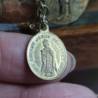 The Apparition Cuff Bracelet w/Antique French Benitier Marian Medal,Rare Antique Manger Scene Medal,Antique Prong Set Rhinestone Cross