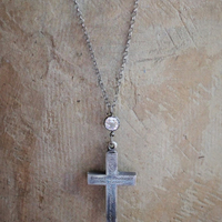 RARE Antique French Sterling Engraved Reliquary Cross Necklace w/Antique Faceted Bezel Set Rock Crystal Connector & Sterling Rolo Chain