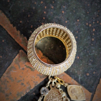 Amazing Wide Sterling Vermeil Pave Diamante Ring w/Antique French Medals,Tiny Gold Fill Tassel,Antique Bezel Set Crystal,Puffy Cross