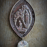 Sold to S The Apparition Necklace Set w/Rare Antique French Sculptural Bronze Marian Apparition Medal,Vintage Rivoli Crystal Chain,Antique Tassel