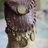 The Power & Life Bracelet w/Antique Leather Wrist Pouch, Antique French Penin Sacred Heart of Jesus Medal,Flaming Sacred Heart Medal++