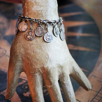 Antique Sterling Sacred Medals Bracelet w/19 Antique French Medals,Solid Sterling Link Chain,Antique Chain Tassel,Sterling Toggle Clasp