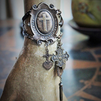 One Heart One Soul Bracelet w/Rare Antique French Bronze Medals,Way of The Cross Medallion,Antique Rock Crystal