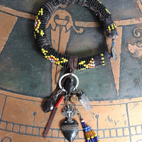 Antique Kuchi Gypsy Beaded Bracelet w/Sterling & Ebony Flaming Sacred Heart,Carved Black Spinel,Banjara Beaded Tassel,Quartz Point++