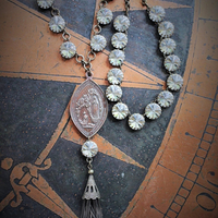 Sold to S The Apparition Necklace Set w/Rare Antique French Sculptural Bronze Marian Apparition Medal,Vintage Rivoli Crystal Chain,Antique Tassel