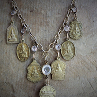 The Unity of Life Necklace w/7 Antique Buddha Sanskrit Medals,Carved Crystal Buddha,Antique Bezel Set Faceted Crystal Connectors+