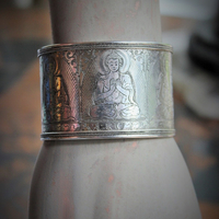 OOAK Antique Sterling Engraved 5 Buddha Cuff Bracelet w/Antique Silver Buddha Medal,Antique Faceted Crystal,Foxtail Chain Tassel