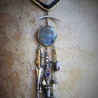 Gypsy Spirit Forgiveness Necklace w/Antique Loomed Cotton & Button "Chain",Incredible Labradorite Stone,Sterling 3 Swords Medal,Antique Scabbard,+++