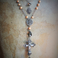 Love is the Soul's Life Necklace Set w/French Marian Cross,Sterling Fleur de Lis Finding,Crowned Hearts,Faceted Smoky Topaz