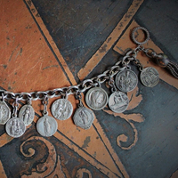 Antique Sterling Sacred Medals Bracelet w/19 Antique French Medals,Solid Sterling Link Chain,Antique Chain Tassel,Sterling Toggle Clasp
