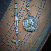 Go Forward Bravely Necklace Set w/Rare Antique French Repousse St. Jeanne D'Arc Depose Slide Locket,Antique French Cross & Repousse Sword