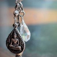 OOAK Antique Sterling Engraved 5 Buddha Cuff Bracelet w/Antique Silver Buddha Medal,Antique Faceted Crystal,Foxtail Chain Tassel