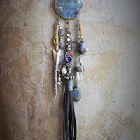 Gypsy Spirit Forgiveness Necklace w/Antique Loomed Cotton & Button "Chain",Incredible Labradorite Stone,Sterling 3 Swords Medal,Antique Scabbard,+++