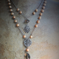 Love is the Soul's Life Necklace Set w/French Marian Cross,Sterling Fleur de Lis Finding,Crowned Hearts,Faceted Smoky Topaz