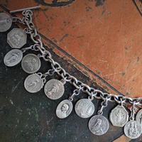 Antique Sterling Sacred Medals Bracelet w/19 Antique French Medals,Solid Sterling Link Chain,Antique Chain Tassel,Sterling Toggle Clasp