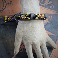 Antique Kuchi Gypsy Beaded Bracelet w/Sterling & Ebony Flaming Sacred Heart,Carved Black Spinel,Banjara Beaded Tassel,Quartz Point++