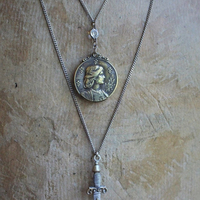 Go Forward Bravely Necklace Set w/Rare Antique French Repousse St. Jeanne D'Arc Depose Slide Locket,Antique French Cross & Repousse Sword