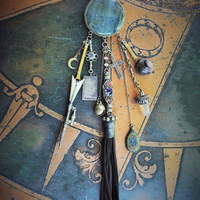 Gypsy Spirit Forgiveness Necklace w/Antique Loomed Cotton & Button "Chain",Incredible Labradorite Stone,Sterling 3 Swords Medal,Antique Scabbard,+++