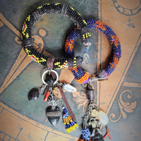 Antique Kuchi Gypsy Beaded Bracelet w/Sterling & Ebony Flaming Sacred Heart,Carved Black Spinel,Banjara Beaded Tassel,Quartz Point++