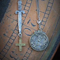 Go Forward Bravely Necklace Set w/Rare Antique French Repousse St. Jeanne D'Arc Depose Slide Locket,Antique French Cross & Repousse Sword
