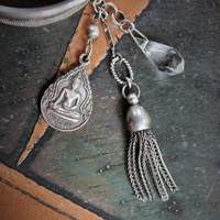 OOAK Antique Sterling Engraved 5 Buddha Cuff Bracelet w/Antique Silver Buddha Medal,Antique Faceted Crystal,Foxtail Chain Tassel