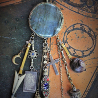 Gypsy Spirit Forgiveness Necklace w/Antique Loomed Cotton & Button "Chain",Incredible Labradorite Stone,Sterling 3 Swords Medal,Antique Scabbard,+++