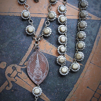 Sold to S The Apparition Necklace Set w/Rare Antique French Sculptural Bronze Marian Apparition Medal,Vintage Rivoli Crystal Chain,Antique Tassel
