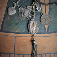 One Heart One Soul Bracelet w/Rare Antique French Bronze Medals,Way of The Cross Medallion,Antique Rock Crystal