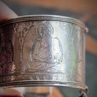 OOAK Antique Sterling Engraved 5 Buddha Cuff Bracelet w/Antique Silver Buddha Medal,Antique Faceted Crystal,Foxtail Chain Tassel