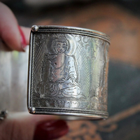 OOAK Antique Sterling Engraved 5 Buddha Cuff Bracelet w/Antique Silver Buddha Medal,Antique Faceted Crystal,Foxtail Chain Tassel
