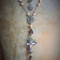 Love is the Soul's Life Necklace Set w/French Marian Cross,Sterling Fleur de Lis Finding,Crowned Hearts,Faceted Smoky Topaz