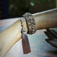 Hand Painted Antique Carved Rose Celluloid Bracelet w/Antique Sterling Rose Connector,Antique Sterling Rose,Capped Silk Tassel