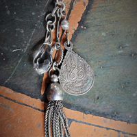 OOAK Antique Sterling Engraved 5 Buddha Cuff Bracelet w/Antique Silver Buddha Medal,Antique Faceted Crystal,Foxtail Chain Tassel