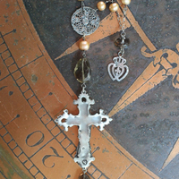 Love is the Soul's Life Necklace Set w/French Marian Cross,Sterling Fleur de Lis Finding,Crowned Hearts,Faceted Smoky Topaz