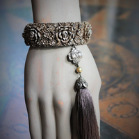 Hand Painted Antique Carved Rose Celluloid Bracelet w/Antique Sterling Rose Connector,Antique Sterling Rose Capped Silk Tassel