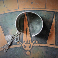 OOAK Antique Sterling Engraved 5 Buddha Cuff Bracelet w/Antique Silver Buddha Medal,Antique Faceted Crystal,Foxtail Chain Tassel