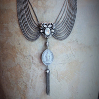 Antique Art Deco Necklace w/French Marian Medal,Draping Foxtail Chain & Tassel,Antique French Faceted Rhinestone Connectors